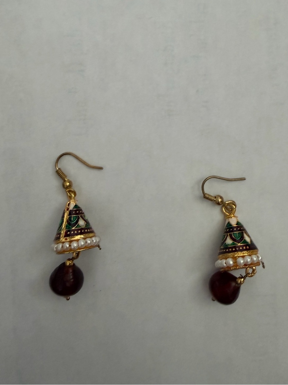 Gold-Tone Green & Maroon Bead Drop Earrings with Pearl Accents